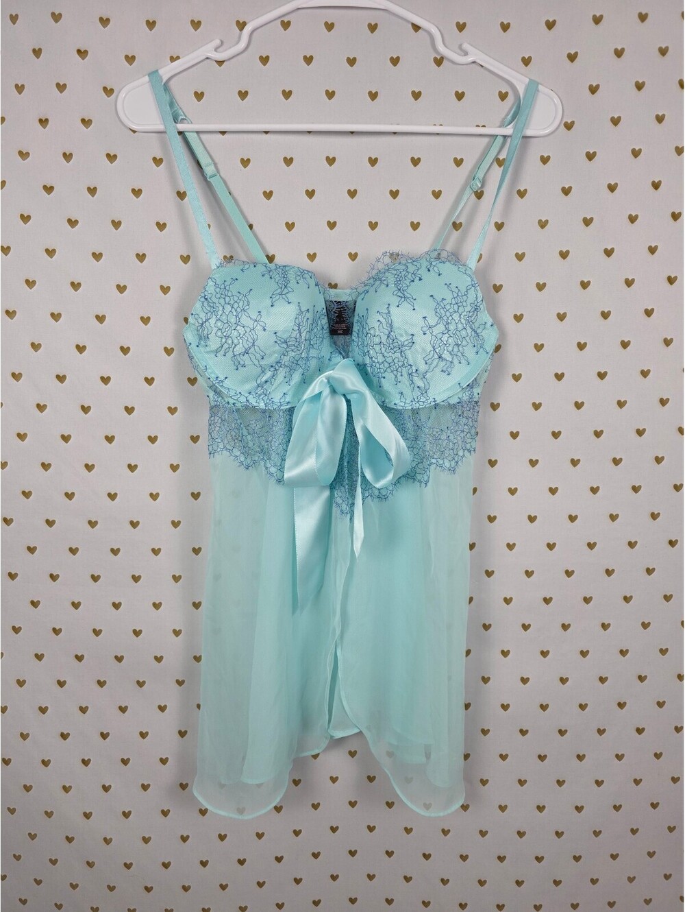 Victoria's Secret 36C Blue Lace Babydoll Chemise Lingerie Y2K Satin Bow